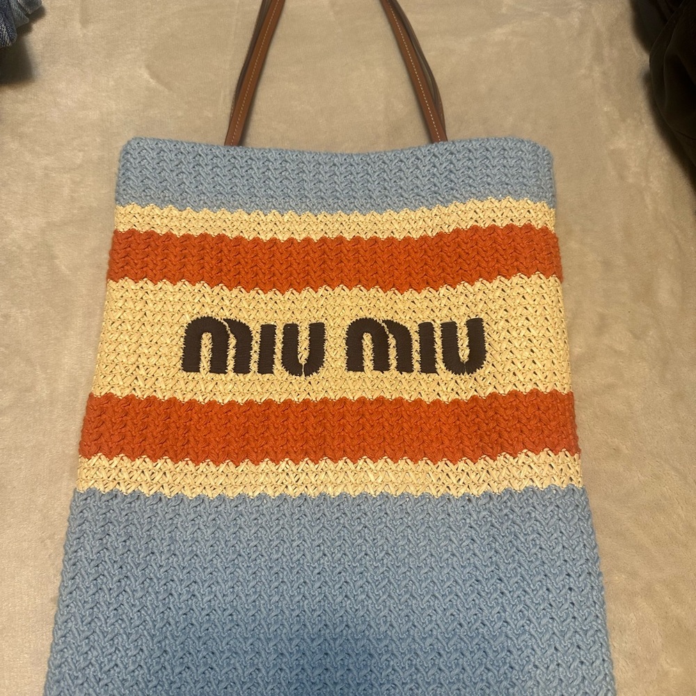 Miu Miu Knit Tote in Blue, Cream, and Orange
